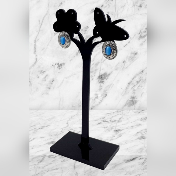 NEW Southwest Inspired Oval Silver and Light Blue Earrings - Picture 2 of 9